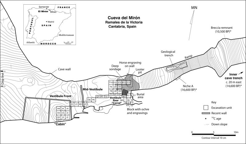 Plano de la cueva y localización de las diferentes áreas intervenidas desde el inicio del proyecto en 1996 (Autoría R.L. Stauber, E. Torres y L.G. Straus).