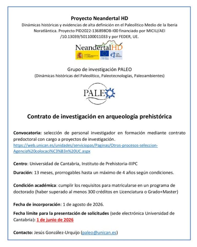 El grupo PALEO convoca un contrato de investigación en arqueología prehistórica